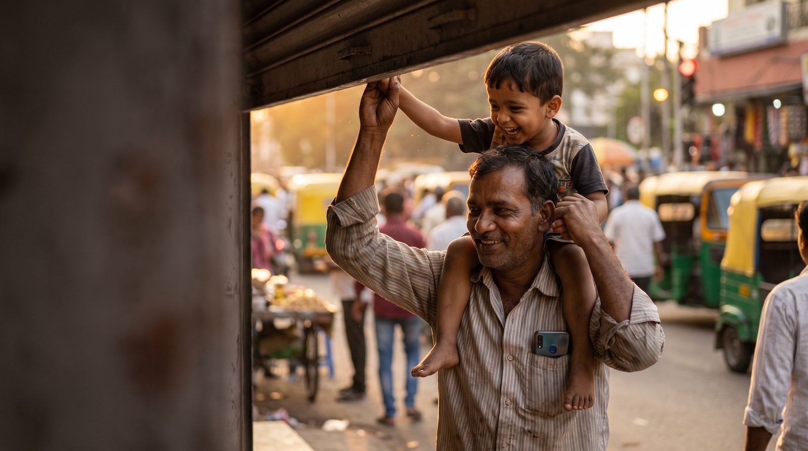 A shop owner closing the shutter early with his son on his shoulders