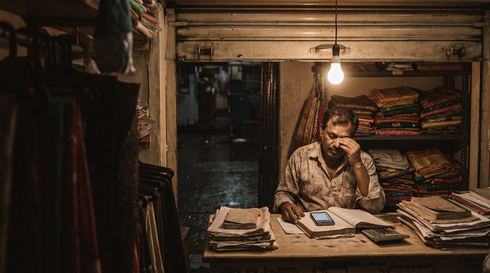 A shop owner doing accounts alone after closing time