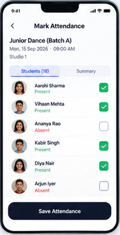 Marking attendance for a junior dance batch in the Bilza app