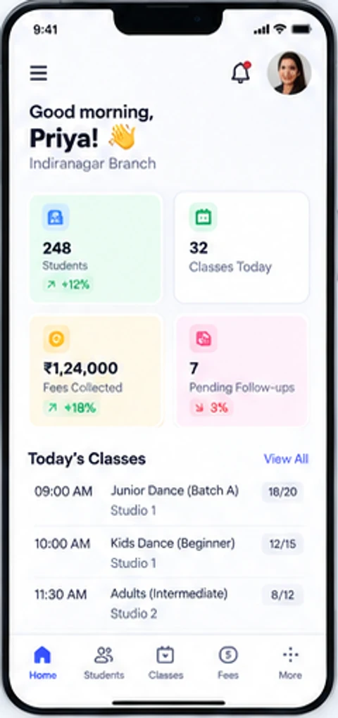 Bilza app home dashboard with students, classes, fees and follow-ups