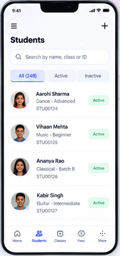 Student list with search and status