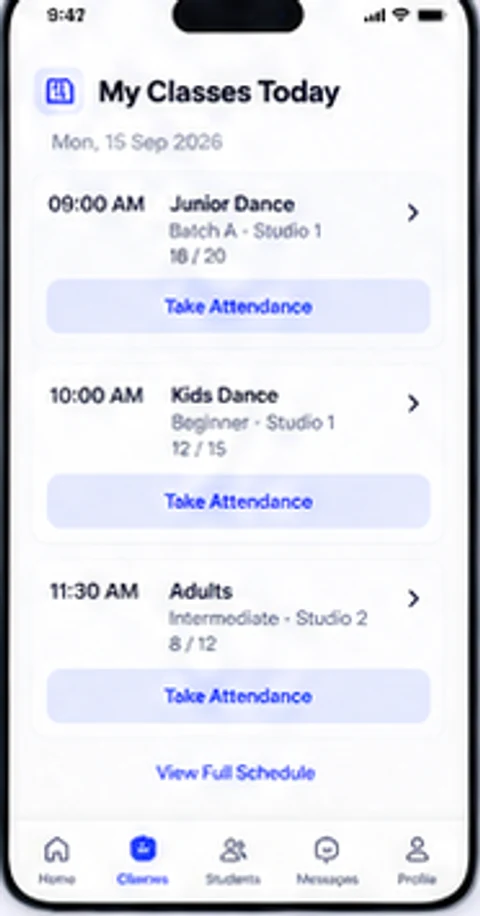 Teacher view listing today's classes with Take Attendance buttons