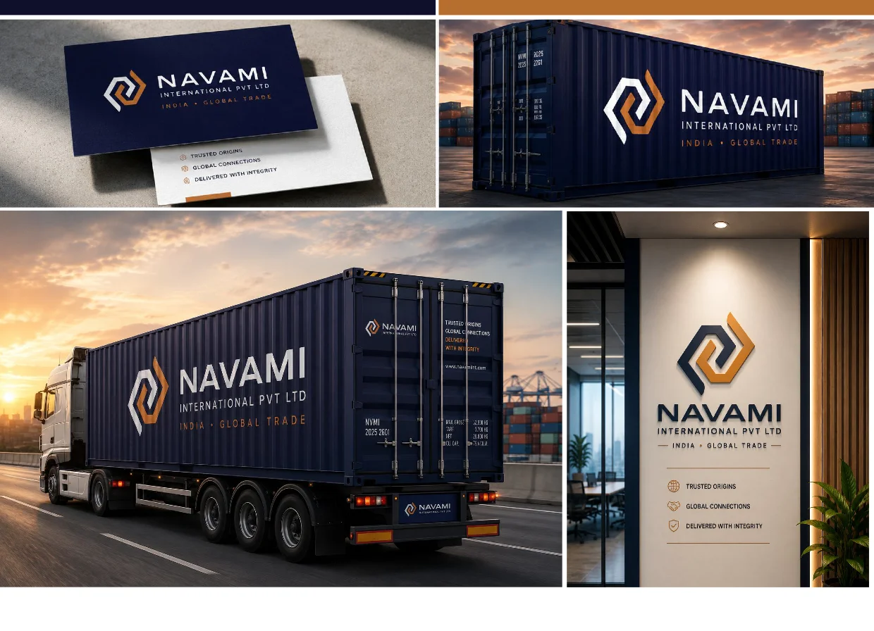 Navami on business card, shipping container, fleet and wall signage