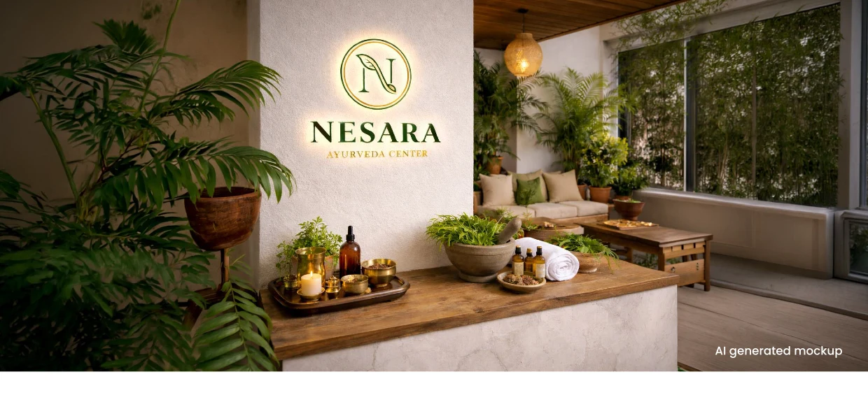 Nesara logo on the reception wall of the ayurveda centre