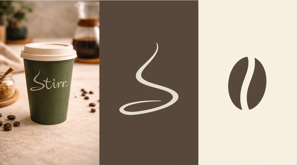 Stirr logo construction: script wordmark, S steam swirl and coffee-bean icon