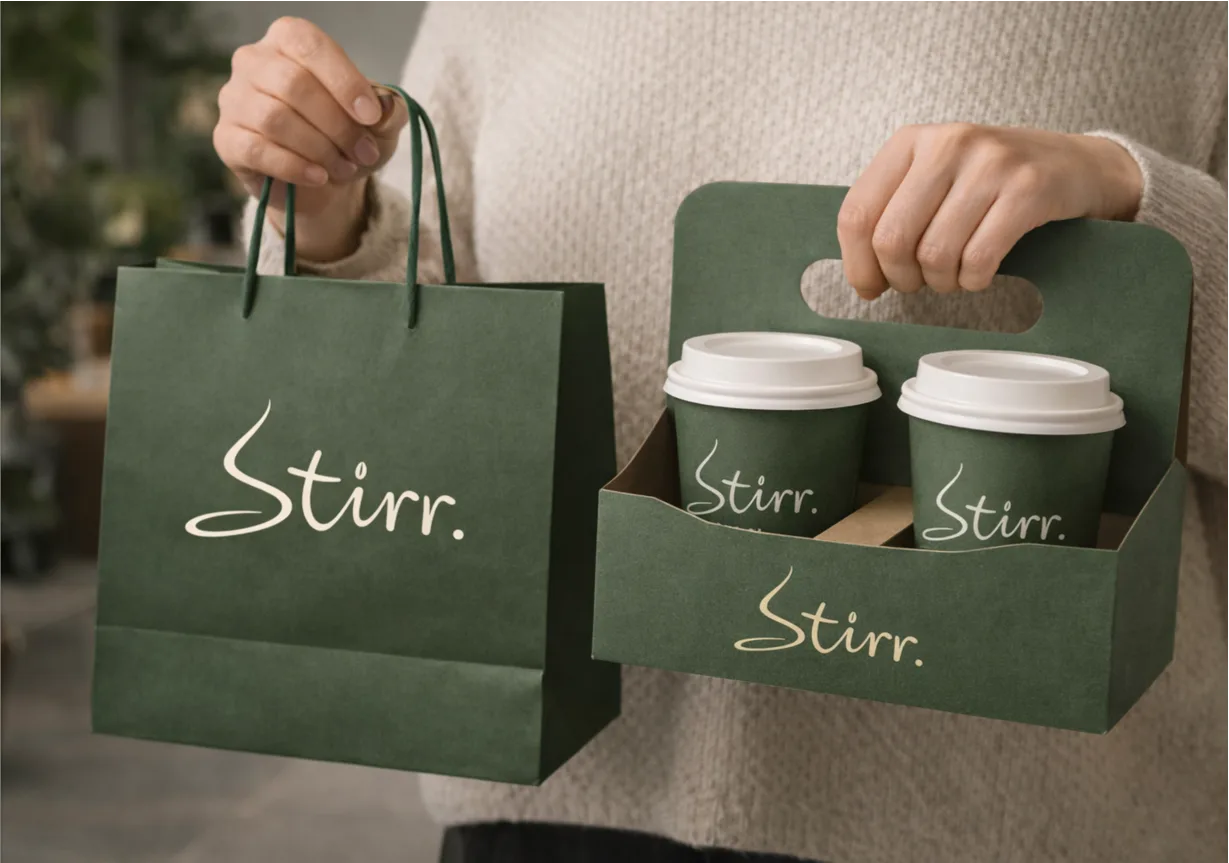 Stirr packaging in real use: shopping bag and takeaway cup carrier