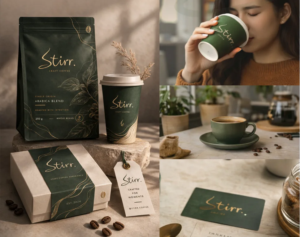 Stirr full brand system: pouch, cup, gift box, hang tag and lifestyle
