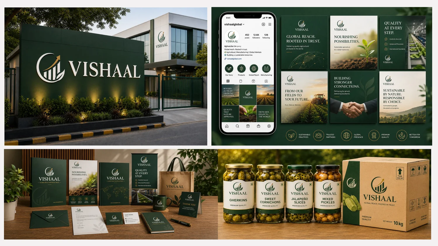 Vishaal brand applied to signage, social, stationery and packaging